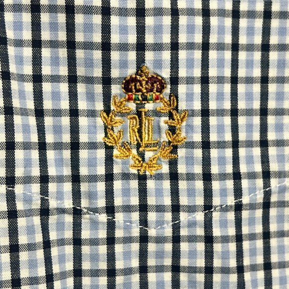 Lauren Ralph Lauren Mens‎ XL Button Down Plaid Short Sleeve Gold Crown Blue - Picture 3 of 7